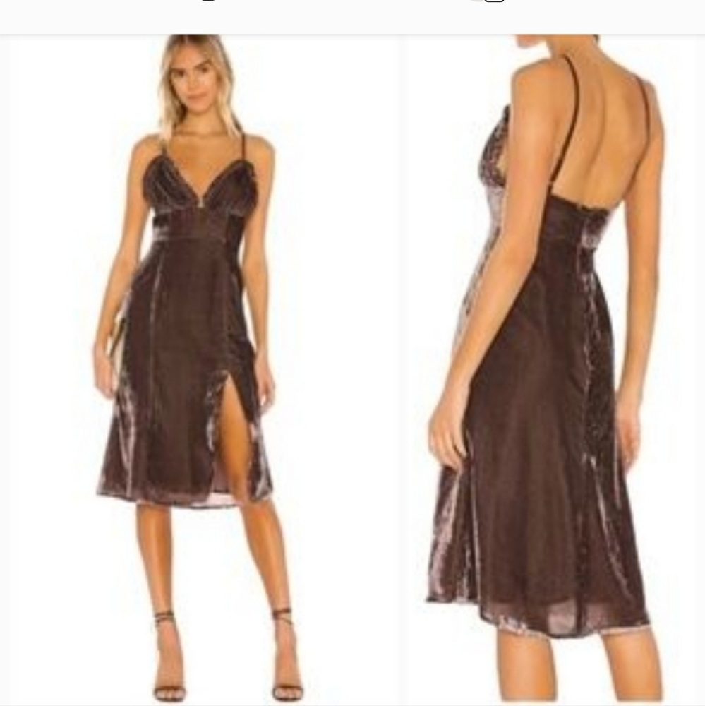 Majorelle Yana Midi Spaghetti Strap Soft Velvet Brown Classic Cocktai Dress XS.